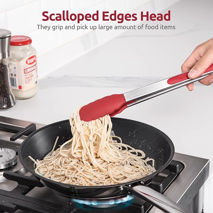 600쨘F Heat Resistant Kitchen Tongs: U-Taste 12 inch Large Silicone Cooking Tong with Sturdy Non Stick Rubber Tips & Silicon Coated 18/8 Stainless Steel Handle & Smooth Locking for Serving Grill (Red)