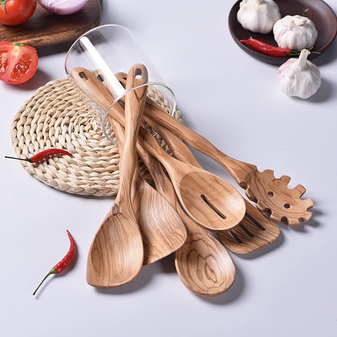 Gudamaye 12 inch Olive Wooden Utensils for Cooking, Long Handle Wooden Spoons for Cooking, 6 PCES Crafting Wooden Spoon Set, Wooden Kitchen Utensil set, Natural Olive Wood utensil Set