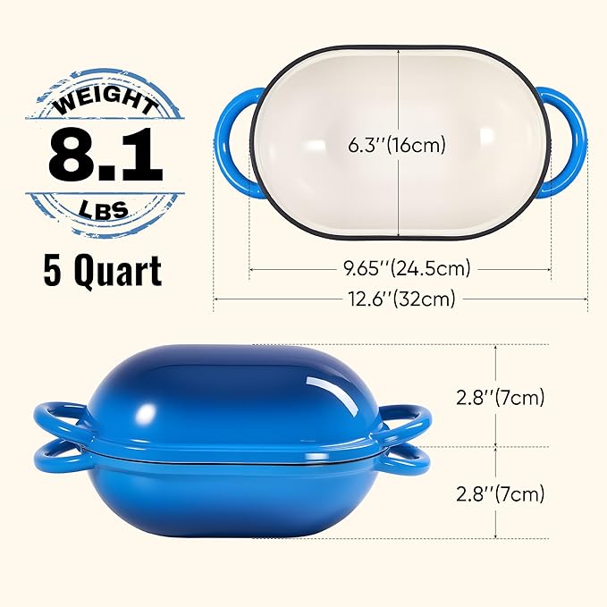 5 QT Oval Dutch Oven for Bread Baking, Enamelled Cast Iron Bread Oven for Sourdough, Sourdough Loaf Pan with Lid, Heavy-Duty Non Stick Bread Pan for Homemade Bread Baking, Blue