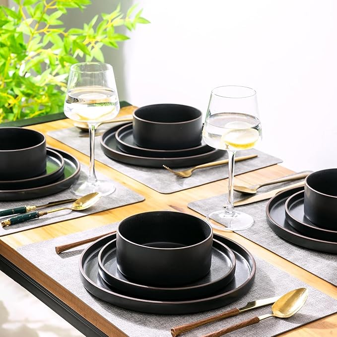 LERATIO Ceramic Dinnerware Sets for 8, High Edge Stoneware Plates and Bowls Set, Chip and Crack Resistant | Oven & Dishwasher & Microwave Safe Dishes Set, Service for 8 -Ashen