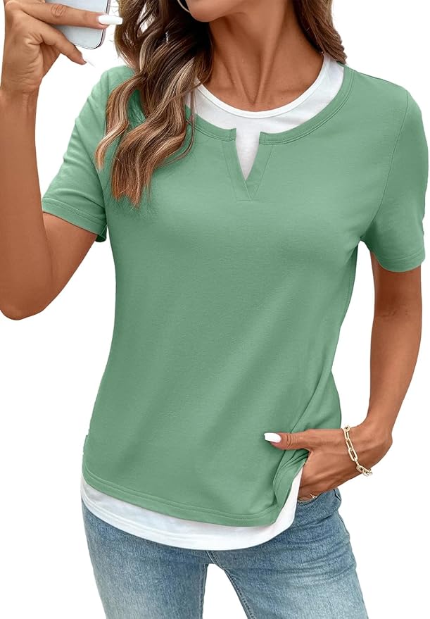 SHEWIN Womens Tops Casual Crewneck Color Block Short Sleeve Mock Double Layer T-Shirt Summer Outfits for Women 2026