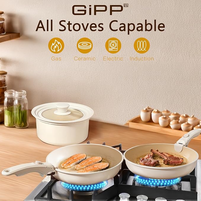GiPP Ceramic Pots and Pans Set Non Stick, Nonstick Detachable Handle Cookware Sets, Healthy Non Toxic PFAS PFOA & PTFE Free, Dishwasher 竊냀ven Safe, Induction Kitchen Pot and Pan, 21 Piece Cream