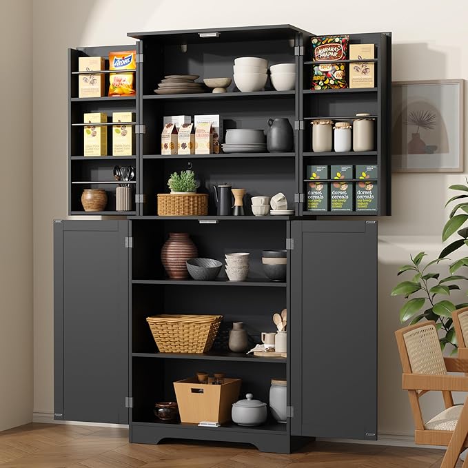 Rattan 72" Tall Kitchen Pantry Cabinet with 4 Doors, Boho Cabinet with Adjustable Shelves, Modern Mid Century Food Pantry with Storage, Freestanding Cupboard for Living Room, Bathroom, Black