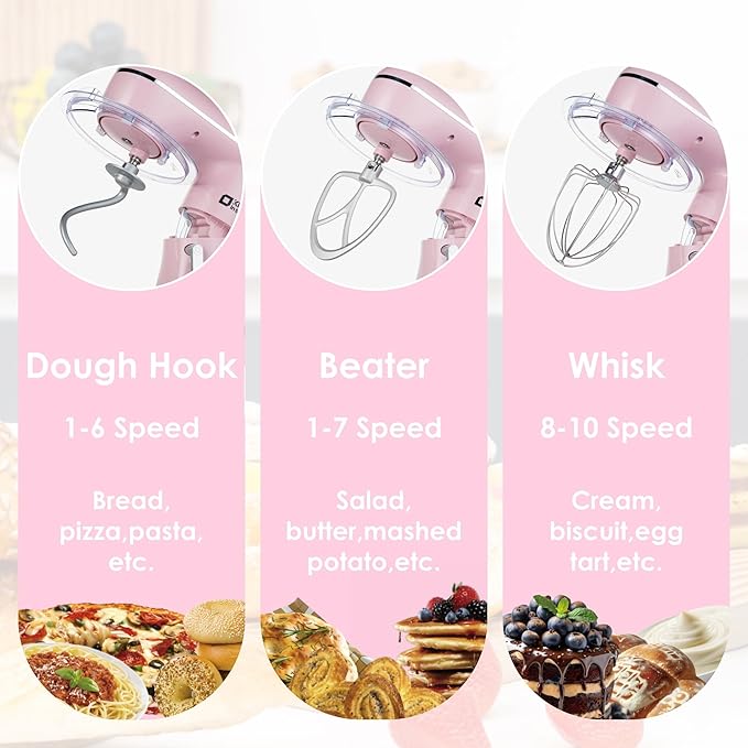 Kitchen in the box Stand Mixer, 6.5QT Electric Food Mixer, 10 Speeds 3-IN-1 Kitchen Mixer for Daily Use with Egg Whisk,Dough Hook,Flat Beater (Pink, 6.5QT)