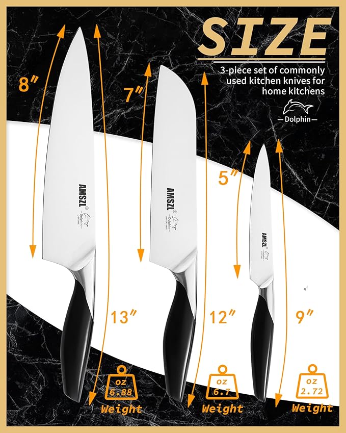 Chef Knife Set 3-Piece, German 1.4116 Steel Chef Santoku & Utility Knives, Full Tang ABS Handle - Professional Kitchen Knife Set for Meat and Vegetable Preparation