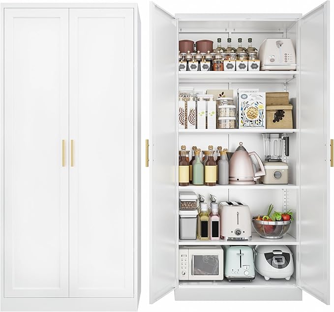 Kitchen Pantry Cabinet,71??Metal Tall Pantry Storage Cabinet with Doors and 4 Adjustable Shelves,Kitchen Storage Cabinets White Freestanding Food Cabinet for Pantries, Kitchen, Livingroom, Dining Room