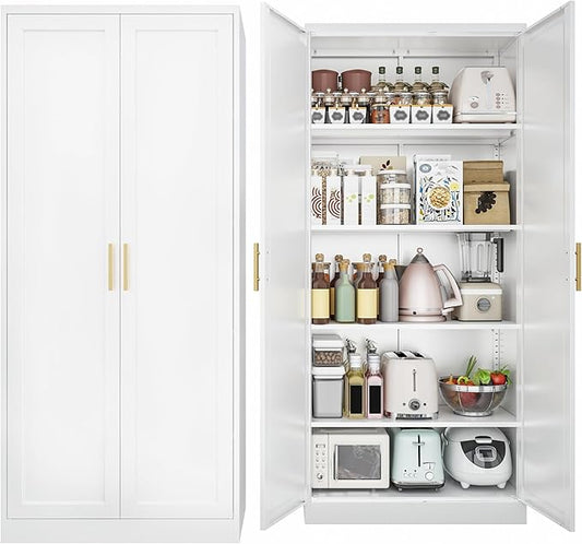 Kitchen Pantry Cabinet,71??Metal Tall Pantry Storage Cabinet with Doors and 4 Adjustable Shelves,Kitchen Storage Cabinets White Freestanding Food Cabinet for Pantries, Kitchen, Livingroom, Dining Room