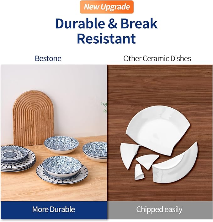 Bestone Porcelain Dinnerware Sets Service for 4, 12 pcs Hand drawn Plates and Bowls Sets, Handmade Ceramic Dish Set, Chip Resistant Modern Plate Set, Dishwasher/Microwave Safe竊똙intage Blue