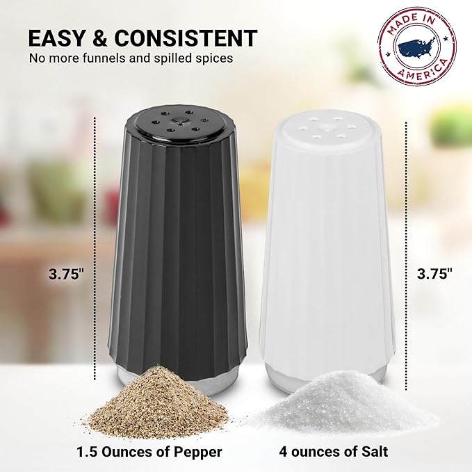 Disposable Salt and Pepper Shakers by Global Basics - Plastic Shaker Sets for Parties, Restaurants, Picnics, Cookouts - Prefilled Salt and Pepper Shakers with 4oz. Salt, 1.5oz. Pepper - 24-Pack
