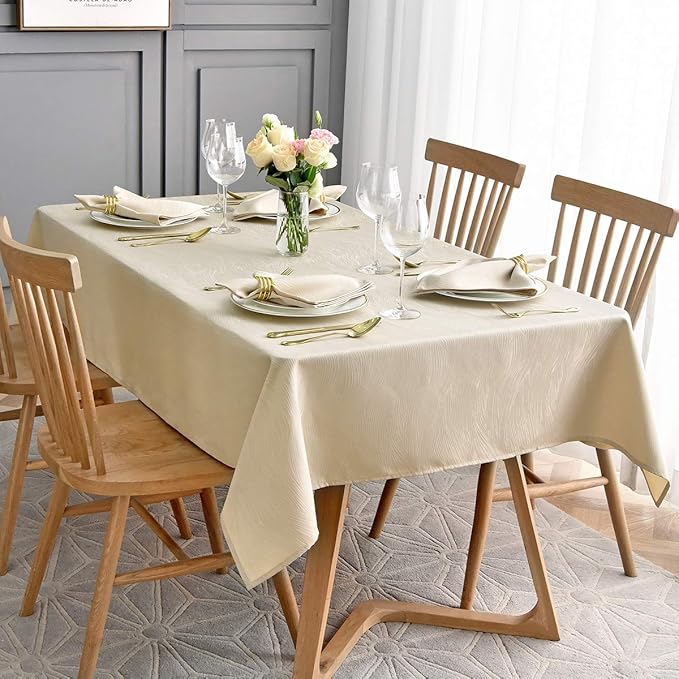 maxmill Jacquard Table Cloth Swirl Pattern Spillproof Wrinkle Resistant Heavy Weight Soft Tablecloth for Kitchen Dinning Tabletop Outdoor Picnic Rectangle 52 x 70 Inch Beige