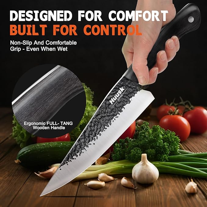 Huusk Japanese Chef Knife Set - Hand Forged Kitchen Knives for Meat Cutting - ATS-34 Carbon Steel Knives Set with Wooden Handle - Viking Cooking Knife Sets for BBQ Christmas Gift for Men and Women