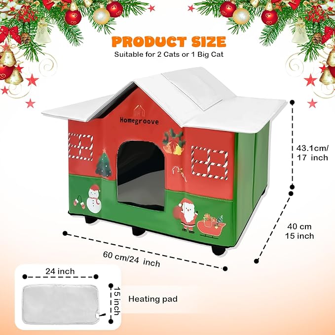 Homegroove Heated Cat House for Outside, 24x15.7x17 inches Extra Large Weatherproof & Insulated Heated Outdoor Cat House with Heating Pad, Christmas for Stray & Feral Cats