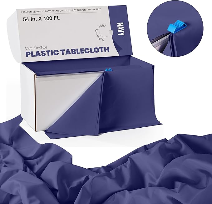 Party Solids 54 Inch X 100 Feet Navy Plastic Table Cover Roll in A Cut - to - Size Box with Convenient Slide Cutter. Cuts Up to 12 Rectangle 8 Feet Plastic Disposable Tablecloths