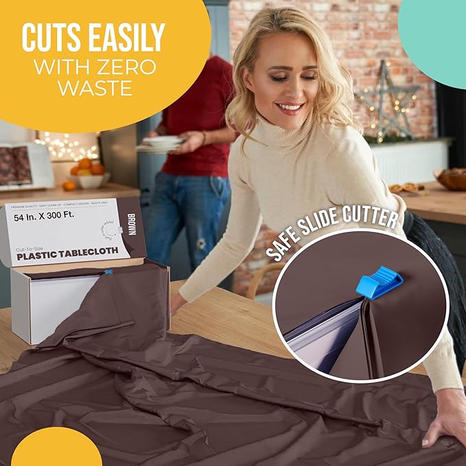 Party Solids 54 Inch X 300 Feet Brown Plastic Table Cover Roll in A Cut - to - Size Box with Convenient Slide Cutter. Cuts Up to 36 Rectangle 8 Feet Plastic Disposable Tablecloths