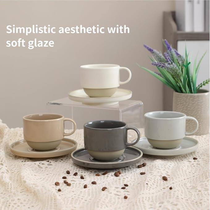 Stackable 8oz Minimalist Handmade Ceramic Cappuccino Espresso Cup with Saucer ??Small Stoneware Coffee Mug, Lead-Free Latte Art Mug竊똇andmade Pottery tea mug or tea cup (Matte White)