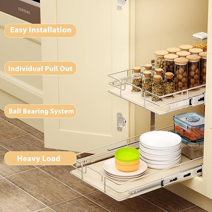 ROOMTEC 2 Tier Individual Pull Out Cabinet Organizer 13쩍"W x 21쩍"D, Slide Out Wood Shelves Organizers, Pull Out Drawers Organization and Storage for Kitchen Cabinet