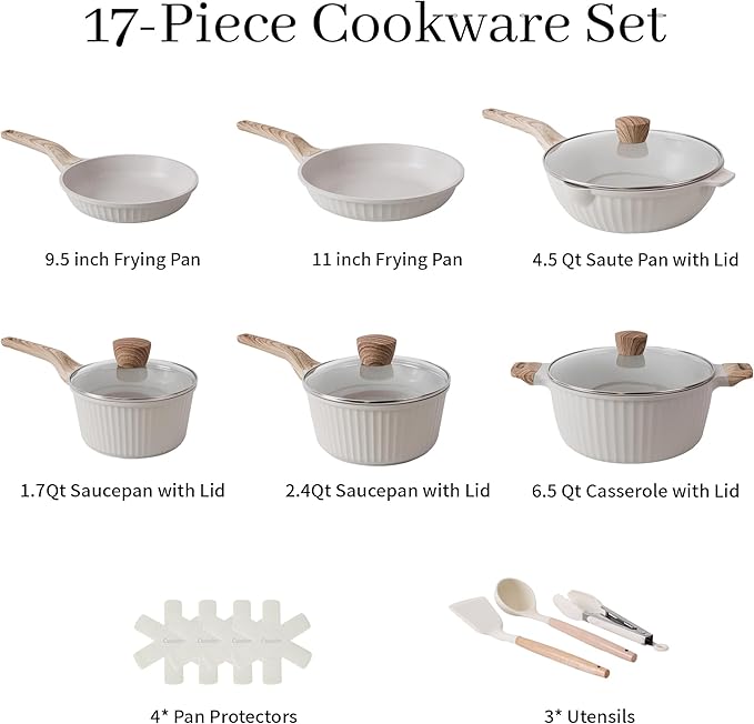 Pots and Pans Set Non Stick, 17Pcs Kitchen Cookware Sets, Granite Stone Induction Cookware Non Stick Cooking Set w/Frying Pans, Saucepans, Saut챕 Pan (PFOA Free), Cream White