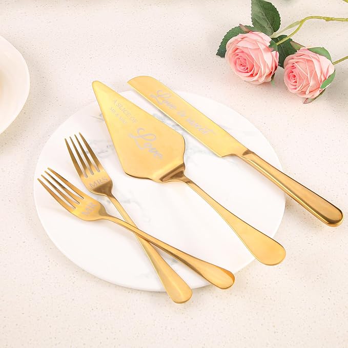 Wedding Cake Knife and Server Set with Forks for Bride and Groom, 4 Pieces Mr and Mrs Wedding Cake Cutting Set For Bridal Shower Gifts Couple Engagement Birthday Anniversary, Gold