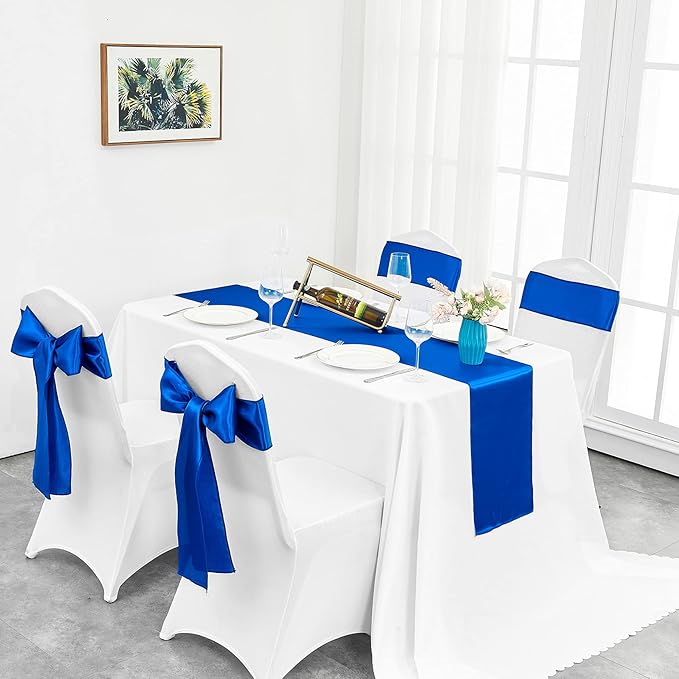 4-Pack Royal Blue Satin Table Runner 12 x 108 Inch Long Bright and Smooth Silk Fabric Table Runner for Wedding Banquet Birthday Party Decoration