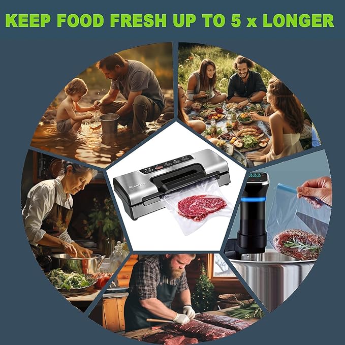 Precision Vacuum Machine,Pro Food Sealer with Built-in Cutter and Bag Storage(Up to 20 Feet Length), Both Auto&Manual Options,2 Modes,Includes 2 Bag Rolls 11?쓝16??and 8?쓝16??Compact Design