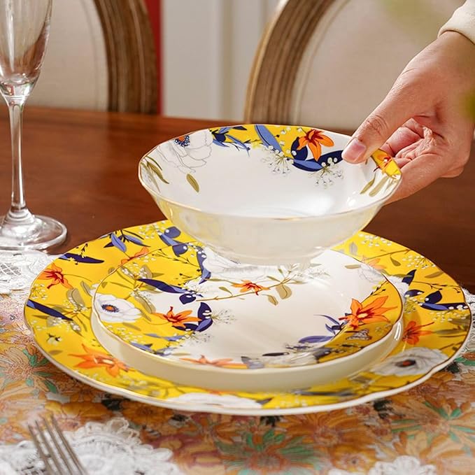 Exquisite ceramic tableware 3 Piece Bone China Modern Round Dishes Sets,Dinnerware dishset for Kitchen,Dinner Plate,Dessert Plate,Soup Bowl,Yellow flowers