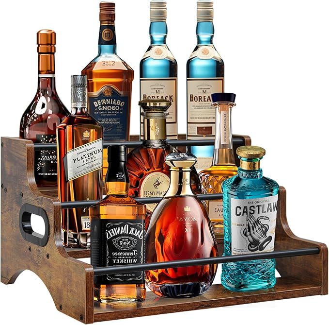 AT-VALY 3-Tier Liquor Bottle Display Shelf, Iron&MDF Countertop Wine Rack, Liquor Cabinet for Home Decor, Mini Bar(Rustic Brown)