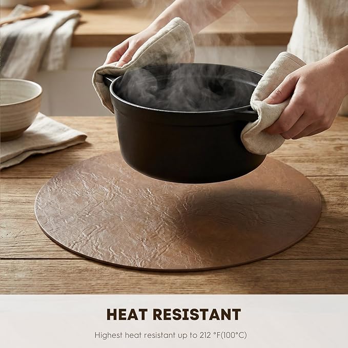 Artoid Mode Brown Faux Leather Placemats Set of 4, 15 Inch Waterproof Wipeable Heat Resistant Place Mats, Reversible Table Mats for Kitchen Dining Decor