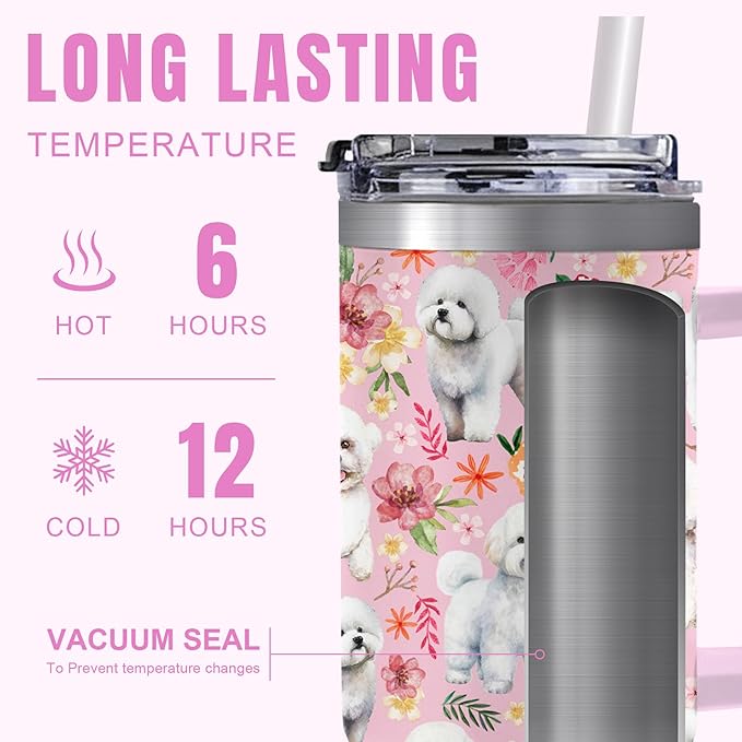 Yogusut Bichon Frise Gifts for Women, 40oz Stainless Steel Insulated Tumbler Travel Mug Cup with Handle Straw, Gifts for Dog Mom Dog Lover