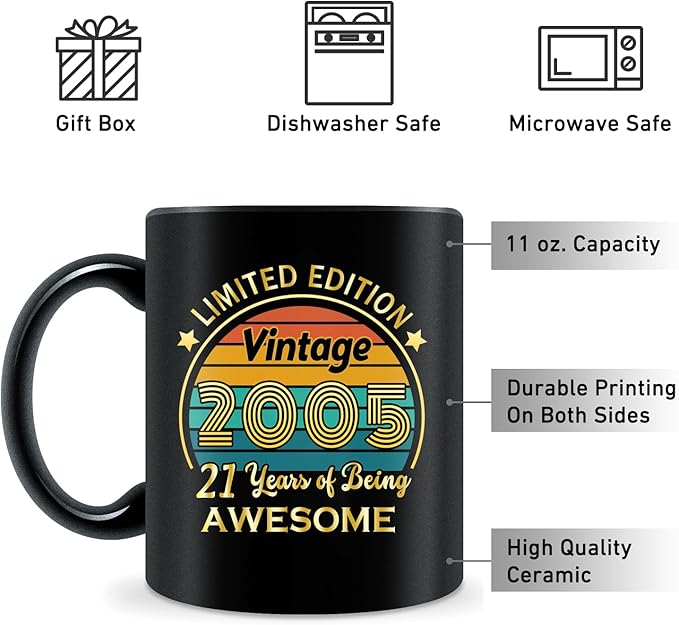 QUPT 21th Birthday Gifts for Women Men, 21th Birthday Gifts for Him, 2005 Birthday Gifts for Women Men, 21 Years Old Gifts, 2005 Birthday Gifts for Her Him, 21th Birthday Presents Coffee Mug