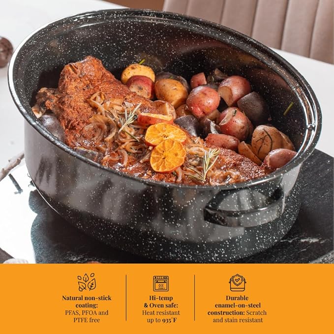 Granite Ware 19 inch oval roaster with Lid, Oval Rack included (Speckled Black) - design to accommodate up to 20 lb poultry/roast. Resists up to 932째F