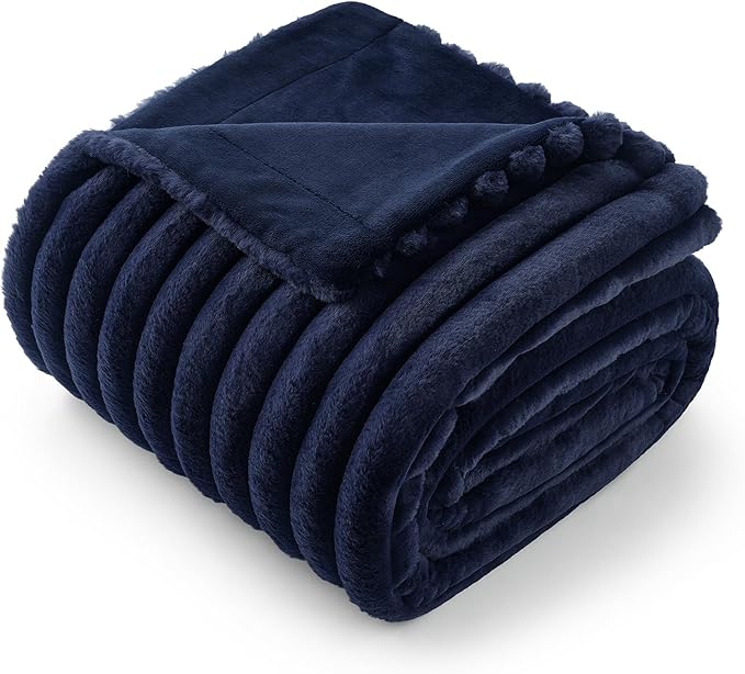 Am챕lie Home Faux Fur Throw Blanket for Couch, Cozy Fuzzy Fluffy Fur Luxurious Soft Striped Plush Gift Blankets for Family Sofa Chair Bedroom, 55"x70", Navy Blue