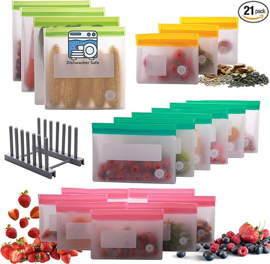 Reusable Food Storage Bags ??21-Pack Stand-Up, BPA-Free, Freezer, Dishwasher Safe & Eco-Friendly ??4 Gal, 6 L, 7 M, 3 S + Rack ??Airtight Leakproof, Organization and Storage Bags (Multicolor)