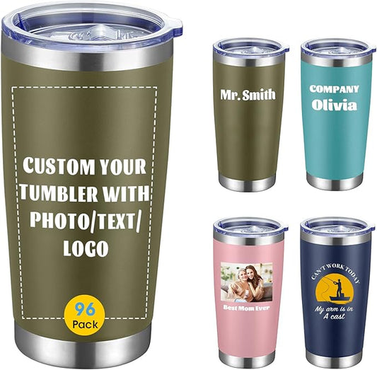 COMOOO Personalized 20oz Stainless Steel Tumbler with Lid, Insulated Tumbler Custom Gift with Text, Photo, Logo for Men, Women, Friends竊똀rmy Green, 96 Pack