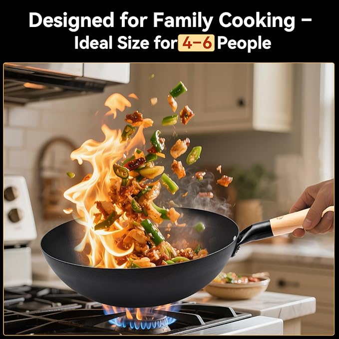 WANGYUANJI 12.6 Inch Flat Bottom Iron Wok with Glass Lid and Wooden Handle, Non-Coated, Naturally Nonstick Stir Fry Pan for Gas, Electric & Induction Stovetops