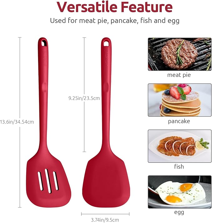 600쨘F Heat Resistant Silicone Turner: U-Taste 13.6in Long Solid & Slotted Thick Kitchen Spatula Flipper, Large Flexible Cooking Utensil for Flipping Egg, Pancake in Nonstick Cookware (Rose Red, 2PCS)