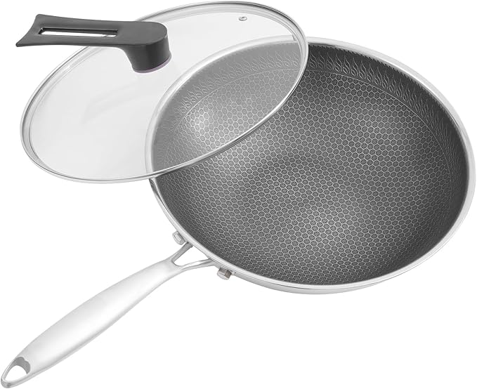 SUS 316 Stainless Steel Wok, Nonstick Frying Pan & Skillet with Lid, Induction Compatible Cookware, Honeycomb Wok Pan for Stir-Frying Saut챕ing Home Kitchen Camping Cooking (32cm)