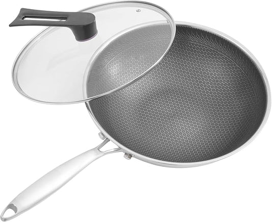 SUS 316 Stainless Steel Wok, Nonstick Frying Pan & Skillet with Lid, Induction Compatible Cookware, Honeycomb Wok Pan for Stir-Frying Saut챕ing Home Kitchen Camping Cooking (32cm)