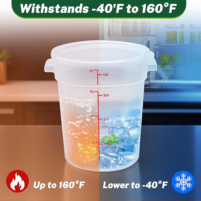 Round Food Storage Container with Lid, 4 Qt Translucent, Commercial 4 Pack of ??NSF Listed, BPA-Free, Polypropylene, Non-Stick, Scale, with Labels & Measuring Cups