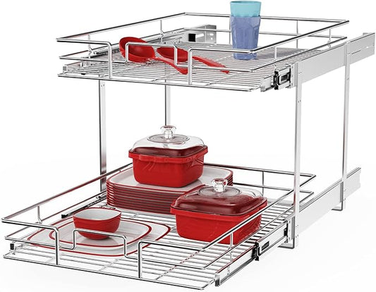 ROOMTEC Individual Pull Out Cabinet Organizer (15쩍" W x 21쩍" D), 2 Tier Spice Rack Organizer for Cabinet, Slide Out Drawer Pantry Shelf Organization and Storage for Kitchen Bathroom