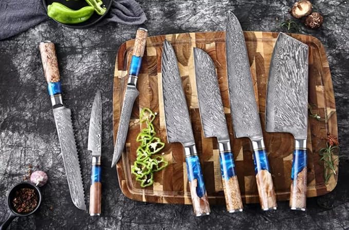 Epicurean Cook Damascus Kitchen Knife Set with VG10 Steel - 8-Piece Japanese Damascus Knife Set for Professional Performance - Ultra Sharp Chef Knives with Blue Resin Burl Wood Handles