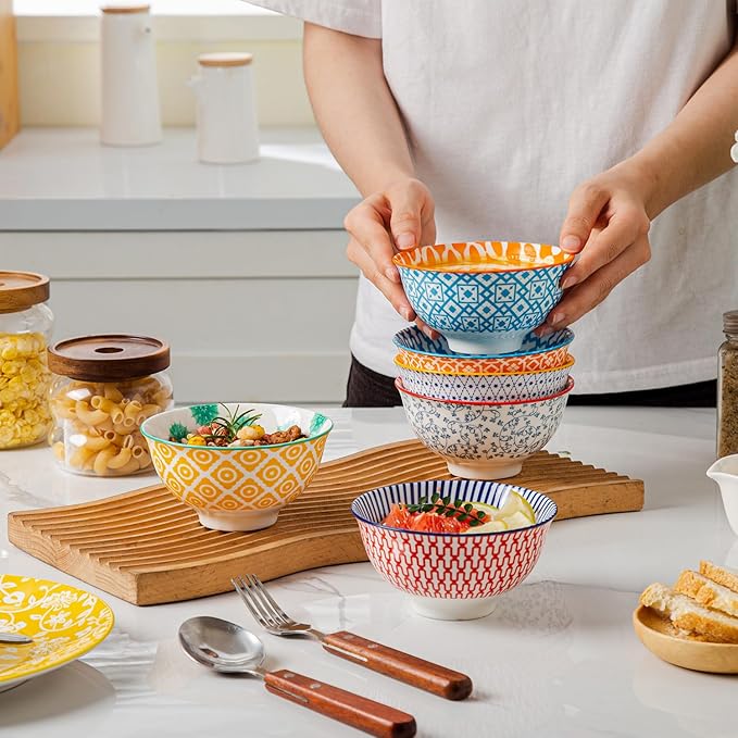 Cerkik Ceramic Dessert Bowls Set - Small 12 Oz Cereal Bowls - 4.75 Inch Ice Cream Bowls for Fruit, Snack, Side Dishes, Dipping Sauce - Microwave Dishwasher Safe - Set of 6 - Assorted Colors