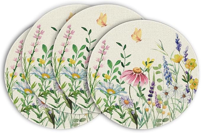 Artoid Mode Daisy Eucalyptus Lavender Floral Leaves Round Spring Placemats Set of 4, 14 Inch Summer Round Table Mats for Dining Decoration