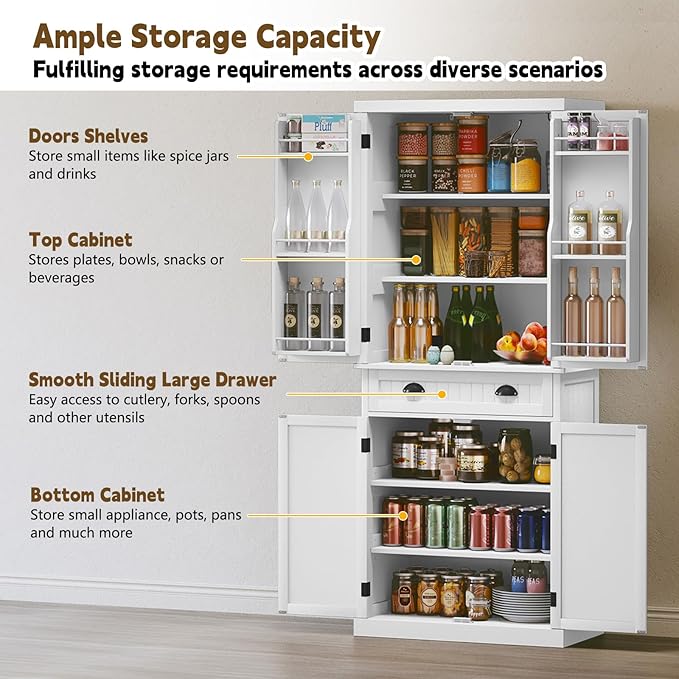 ARTPOWER 72" Pantry Storage Cabinet with Drawer, Freestanding Tall Cupboard Storage Cabinet, Utility Pantry with Door Shelves and 2 Adjustable Shelves for Kitchen, Dining Room,Living Room, White