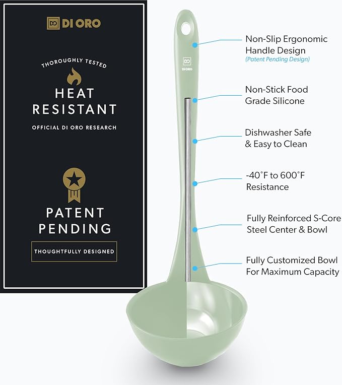 DI ORO Silicone Ladle ??Soup Ladle for Cooking & Serving Heat-Resistant - Large Kitchen Soup Ladle Nonstick Cookware Safe - Soup Serving Spoon with Wide Bowl - Silicone Utensil Dishwasher Safe (Sage)