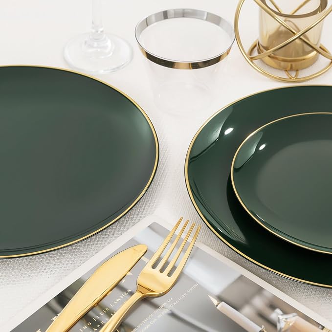 WDF 300Pcs Green Plates Disposable - Heavy Duty Green Plates - 50Guest Green Plastic Dinnerware Include 50 Dinner Plate, 50 Dessert Plate, 150 Cutlery & 50 9oz Cups for Parties St. Patrick?셲 Day