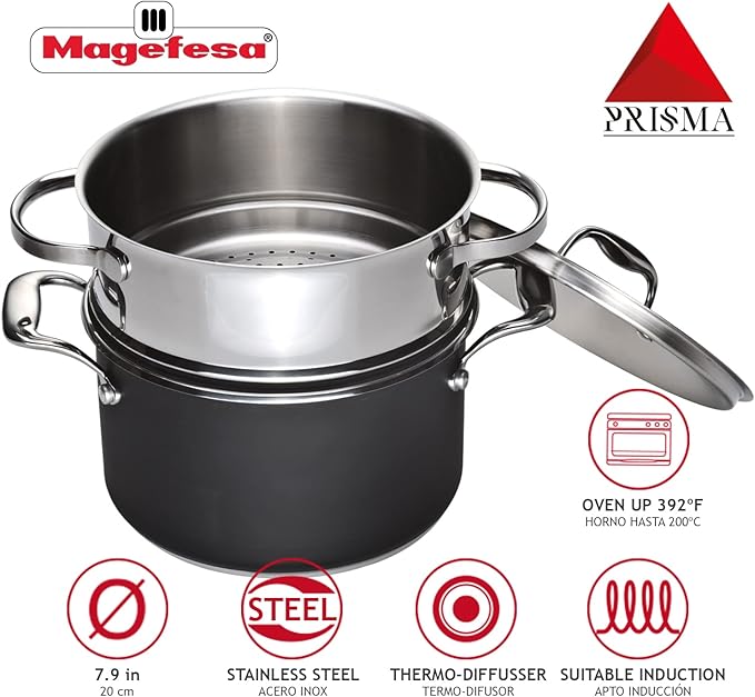 MAGEFESA Prisma ??7.9 inches steam pot with lid, made in 18/10 stainless steel, for all types of kitchens, INDUCTION, easy cleaning, dishwasher and oven safe up to 392쨘F
