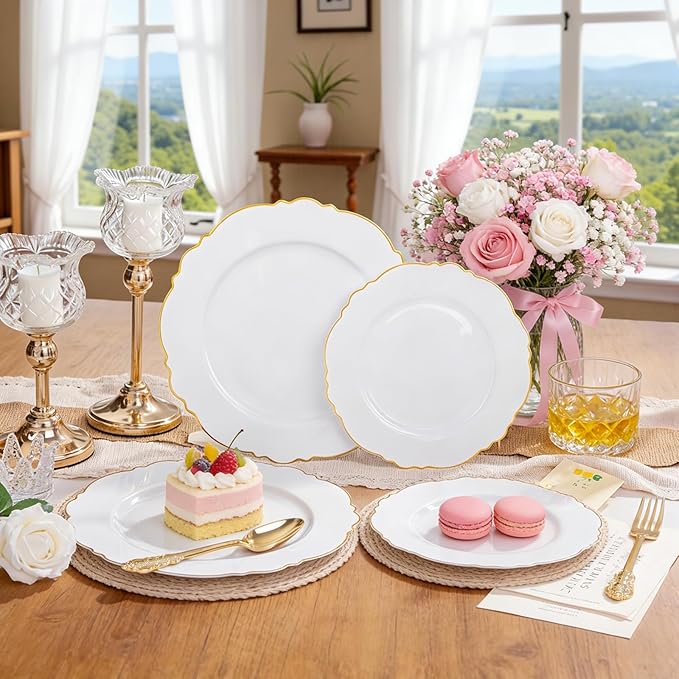 WDF 60pcs Gold Plastic Dinner Plates -10.25inch Baroque White and Gold Plates Fancy Heavy Duty Plastic Plates for Upscale Valentine's Day & Wedding & Birthday