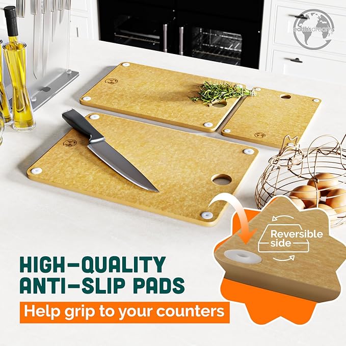 Earth?셲 Dreams Wood Cutting Board Set 3-Piece: Small, Large & Extra Large - Charcuterie Board, Non-Plastic, Non-Toxic, Heavy-Duty, Dishwasher Safe (Tan)