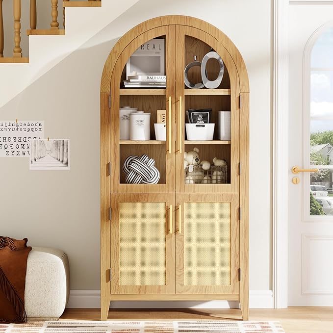 63??Arched Kitchen Pantry Cabinet ??5-Tier Modern Farmhouse Storage Cabinet w/Glass & Fluted Doors, Adjustable Shelves Bookcase for Kitchen, Living Room, Entry, Office, Engineered Wood, Oak