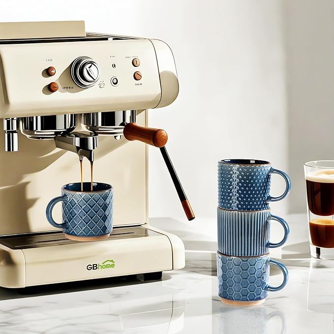 GBhome 8OZ Stackable Coffee Mugs, Ceramic Coffee Mugs with Texture Patterns for Man,Woman,Dad,Mom, Modern Coffee Cups Set of 4 for Espresso/Cappuccino/Cocoa. Dishwasher&Microwave Safe, Moonlight Blue